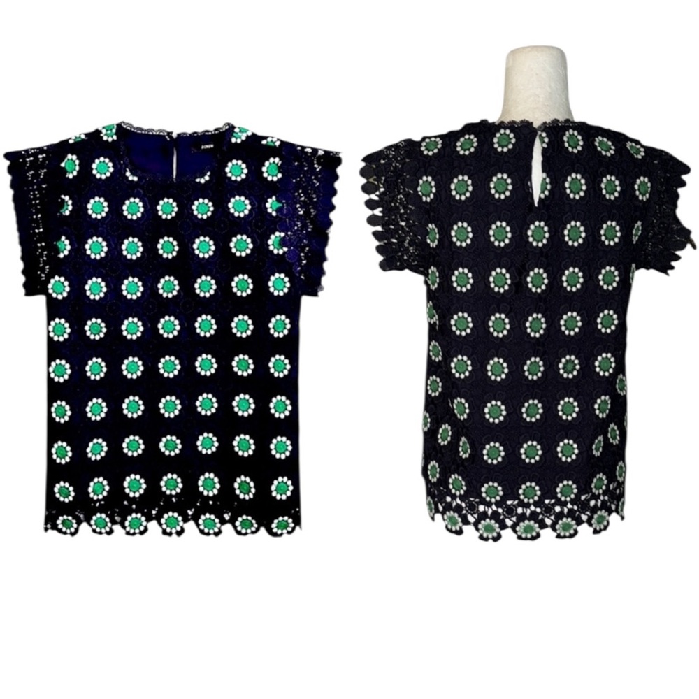 J. Crew Navy Blue & Green Floral Embroidered Crochet Eyelet Lace Top - S